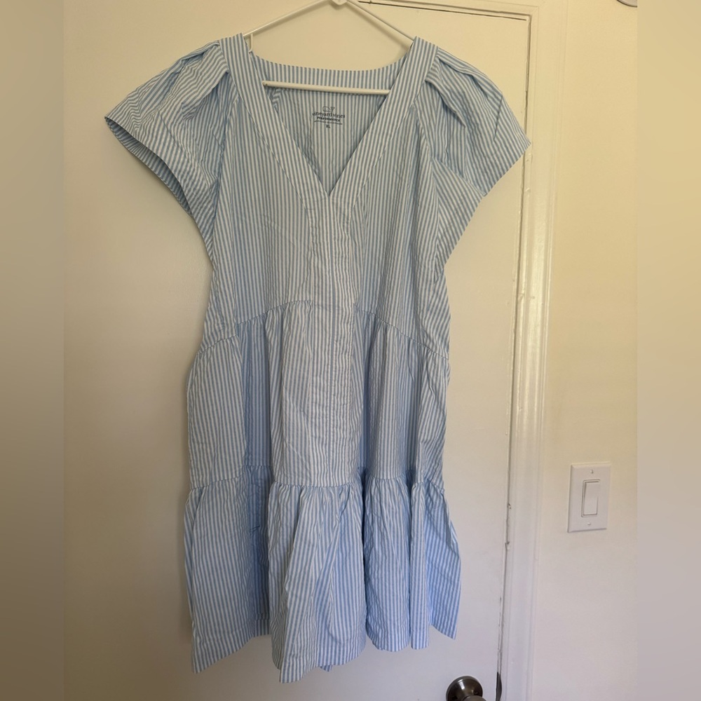 Vineyard Vines Sophie Harbor Dress, Blue & White Seersucker Performance fabric